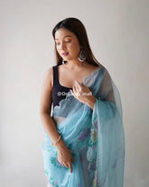 Light Flower Sky Blue Pure Organza Saree